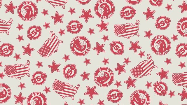 USA Patriotic Pattern Video &ndash; Looping 4K animation featuring a seamless retro-style pattern of USA eagle badges, American map icons, stars, and 250 anniversary emblems, ideal for event screens.