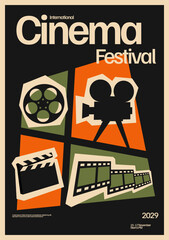 Obraz premium International cinema festival poster template design with vintage movie, camera, clapperboard, and film reel modern mid-century art style