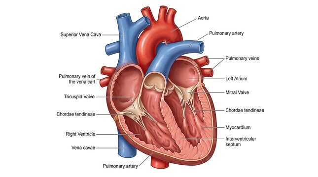 Detailed Human Heart Anatomy Illustration with Labeled Medical Parts and Blood Flow