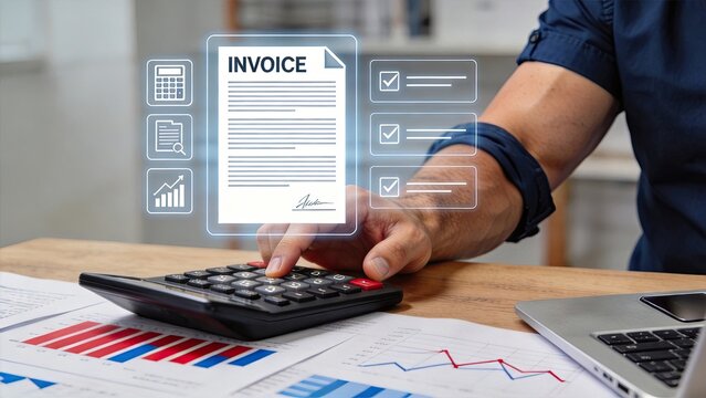 Invoice payment calculation and accounting concept, businessman using calculator for financial documents, billing statement analysis, tax preparation workflow, business expense