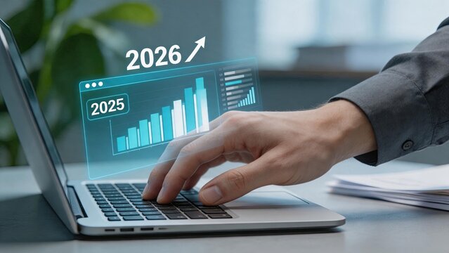 Financial growth forecast and data analysis concept, business strategy chart showing profit increase from 2025 to 2026, investment trend graph, economic development projection,