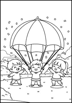 Three children happily playing with large parachute outdoors.