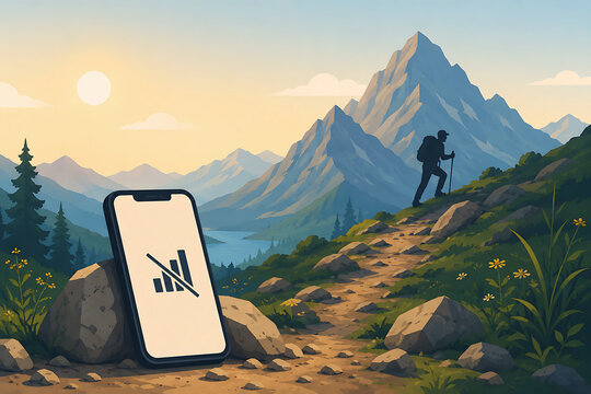 山岳トレイルでデジタルデトックスを体験する登山者とスマートフォンのコンセプトイラスト｜自然回帰 オフライン ウェルビーイング アウトドア