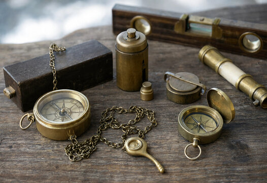 A collection of vintage brass navigation tools including compasses and a small telescope arranged on a weathered dark wooden table surface