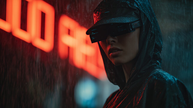 Woman wearing futuristic virtual reality headset on a rainy night