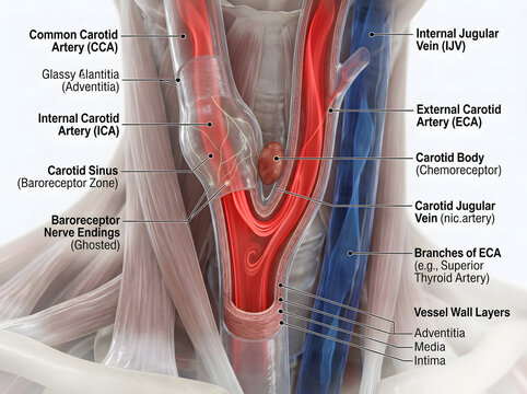 Anatomical diagram of human carotid artery and jugular vein structure with circulatory