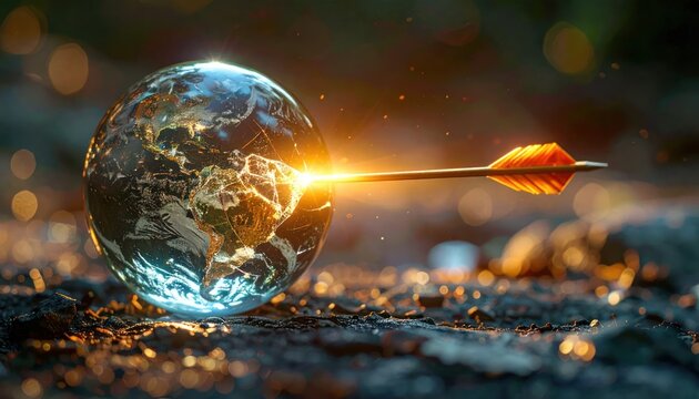 Globe with arrow piercing it, suggesting global impact amidst fire-like background