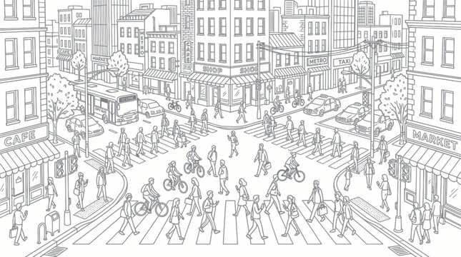 People crossing busy urban intersection in metropolitan city center