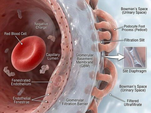 Glomerulus filtration barrier anatomy and cell structure diagram with glomerulus, podocyte