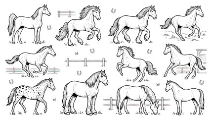Hand drawn horse illustration set, vintage equestrian line art collection, black and white farm animal sketches, 12 horse vector elements for coloring © chouadhrynuman