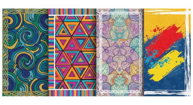 Set of four diverse abstract and geometric artistic panels.