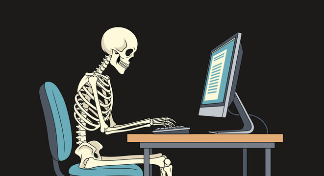 Human skeleton sitting at a desk and typing on a computer keyboard representing waiting forever for results.