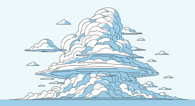 Massive white cumulus cloud with detailed puffy layers dominates the light blue sky in a stylized outdoor landscape illustration.