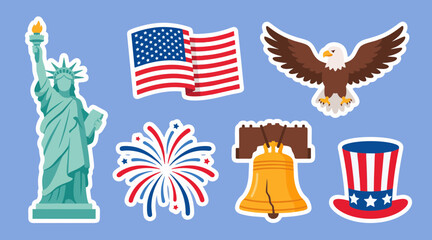 Set of patriotic american themed vector stickers featuring the statue of liberty flag eagle fireworks bell and top hat design © Ibnu Gazali