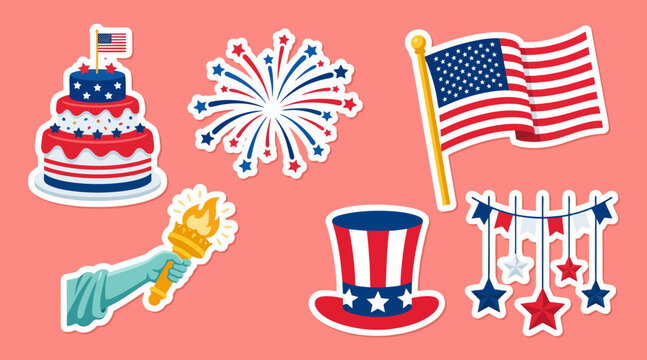 Colorful vector illustration set featuring patriotic American symbols like a cake fireworks flag statue torch hat and festive star bunting