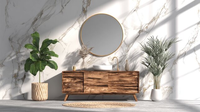 Luxurious bathroom interior showcases natural wood vanity against marble wall with decorative plants and natural light
