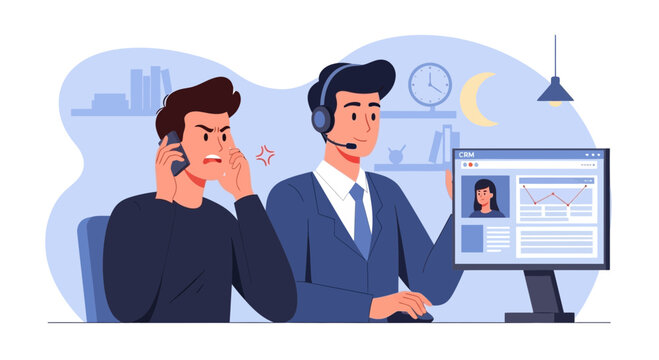 Customer service agent handling angry client call at night, CRM desk