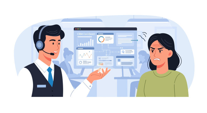 Angry customer service interaction with headset agent and data dashboard