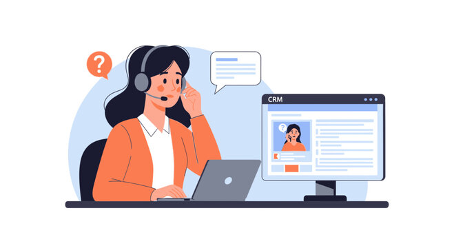 Customer Service Operator with Headset and Computer - Technical Support Concept Illustration