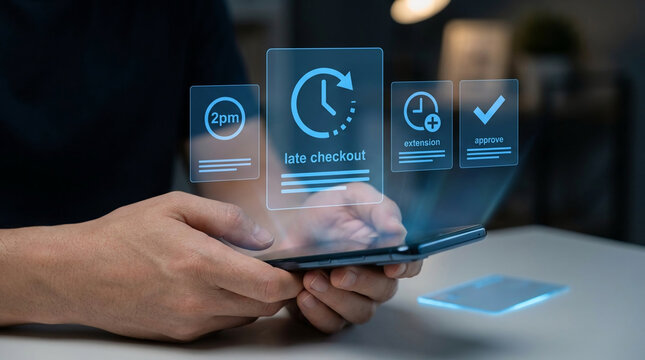 Man using smartphone app for late checkout extension at 2pm, digital hospitality interface showing approval icons for hotel guest travel convenience.