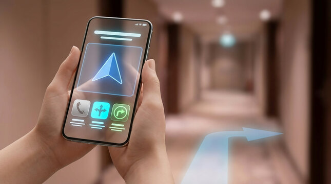 Close Up of Hands Holding a Smartphone Using Augmented Reality Navigation App to Find Direction in a Modern Indoor Hallway or Hotel Corridor