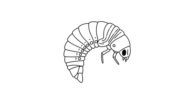 Simple black and white line drawing of a curved insect larva or grub showing segments and legs against a white background.