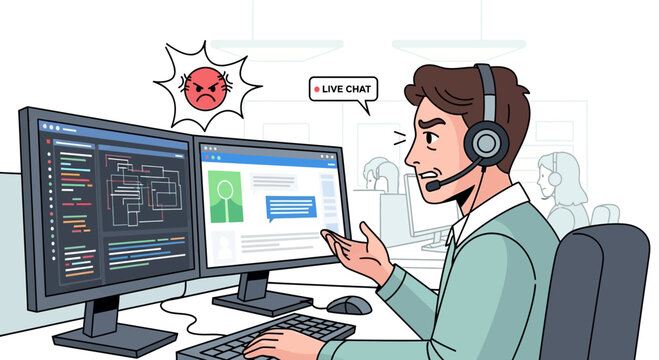Frustrated customer service agent handling live chat on computers