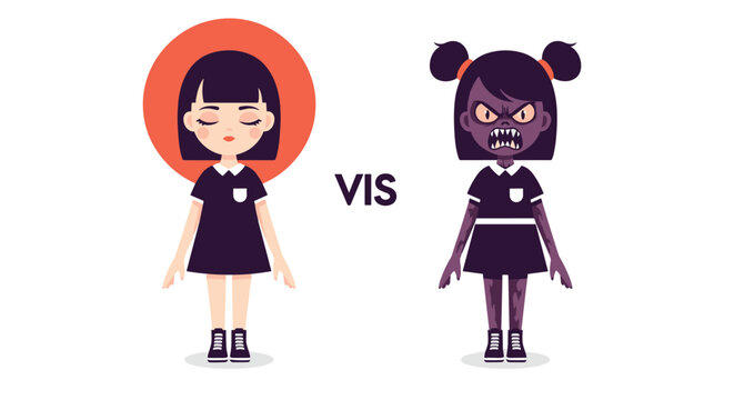 Split screen illustration contrasts a young girl with closed eyes and a peaceful halo against a terrifying demonic monstrous version.