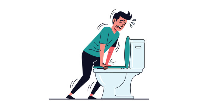 Illustration shows a man in a green shirt feeling nauseous and leaning over a white toilet bowl while suffering from sickness.
