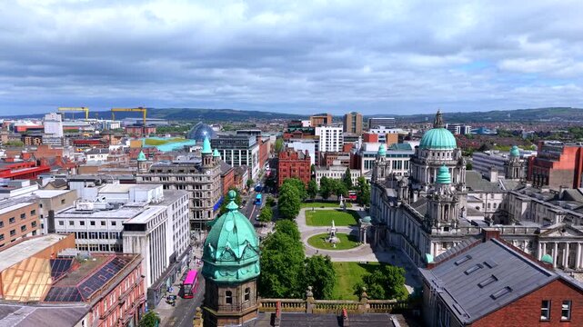 Aerial view of Donegall sqaure with city hall in Belfast city Northern Ireland