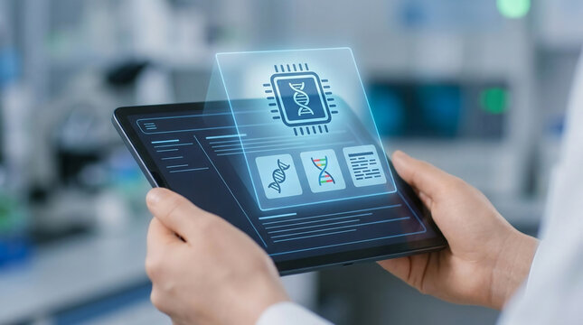 Scientist Hands Holding Tablet with Holographic DNA Microchip Interface for Advanced Genetic Research and Biotechnology Analysis in Laboratory Setting