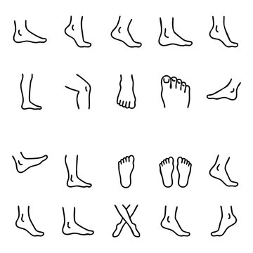 Anatomy icons set of human feet and legs showing various angles and foot care poses with standing podiatry orthopedic movement structure exercise physical