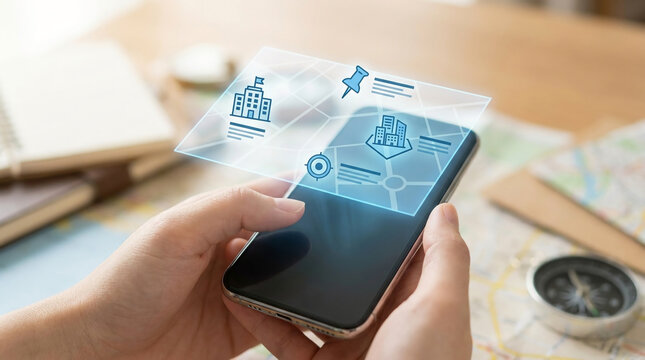 Person holding smartphone with holographic augmented reality map displaying building locations and navigation pins for travel planning and urban search.