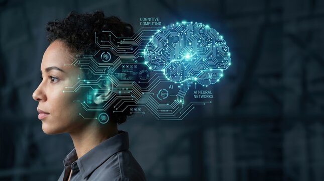 Profile of woman with glowing circuit board brain overlay showing AI neural networks and cognitive computing, illustrating human intelligence merging with machine learning