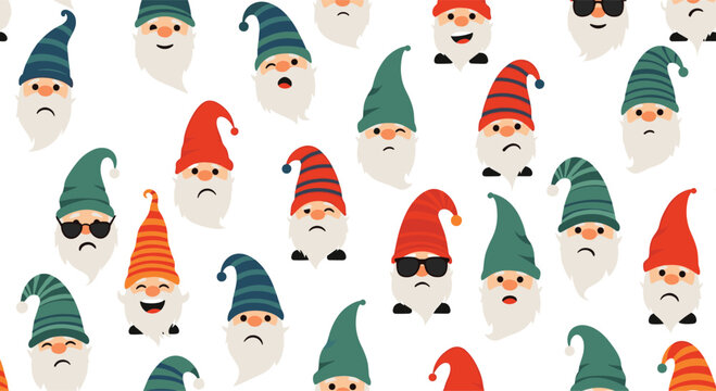 Whimsical seamless pattern of cute gnomes with long white beards and colorful hats showing different emotions.