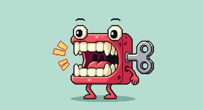 Pixel art style illustration of a red wind-up chattering teeth toy character with large white fangs and eyes.