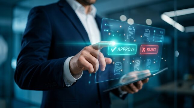 Digital document validation workflow showing a businessman interacting with an approve button on a virtual interface.
