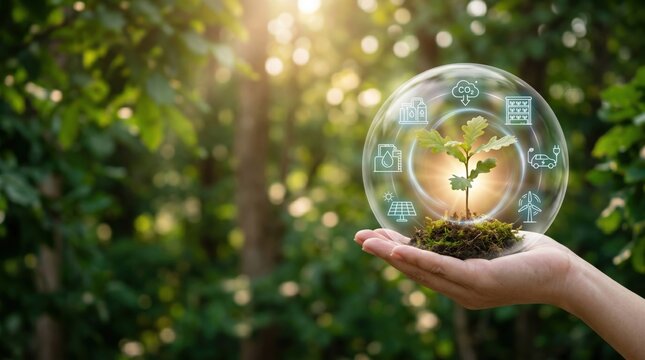 Hand holding green plant in glass bubble with sustainability icons, renewable energy, eco-friendly concept, carbon neutral, solar power, forest background, nature conservation