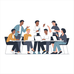 Obraz premium Diverse Business Team Collaboration Meeting, Creative Office Brainstorming and Project Planning Flat Vector Illustration