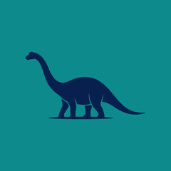 Simplified dinosaur silhouette with long neck and tail, on teal background © yan
