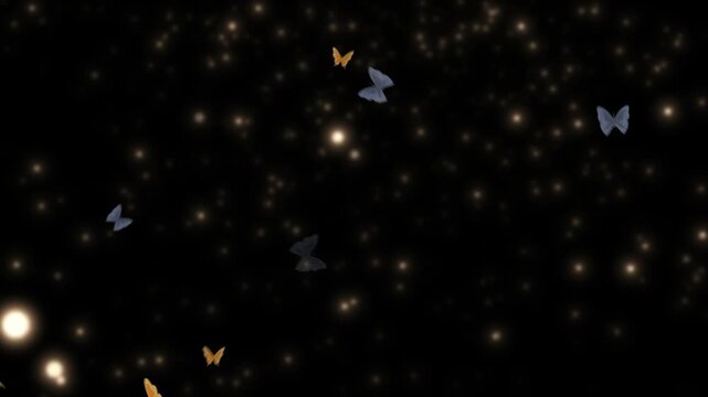 Butterflies flutter through a dark space filled with glowing golden bokeh lights creating a magical and dreamy environment.