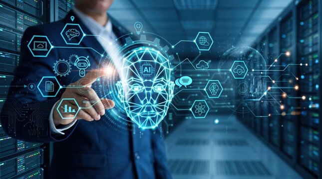 Artificial intelligence concept with glowing digital face and neural network icons in server room, representing machine learning and cloud computing technology.