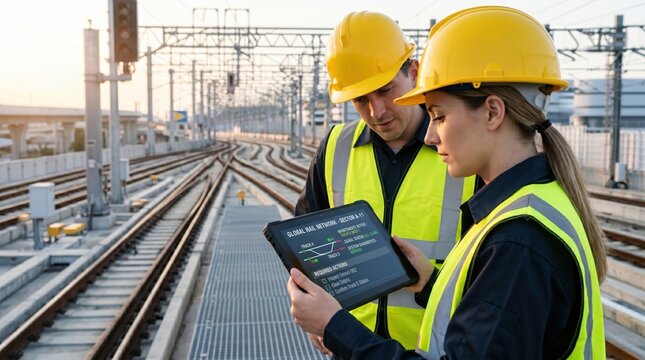 Railway engineers checking tablet on tracks, infrastructure maintenance and transport network monitoring
