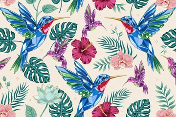 Obraz premium Seamless pattern featuring vibrant hummingbirds rendered in a geometric crystal style surrounded by tropical hibiscus flowers and palm leaves