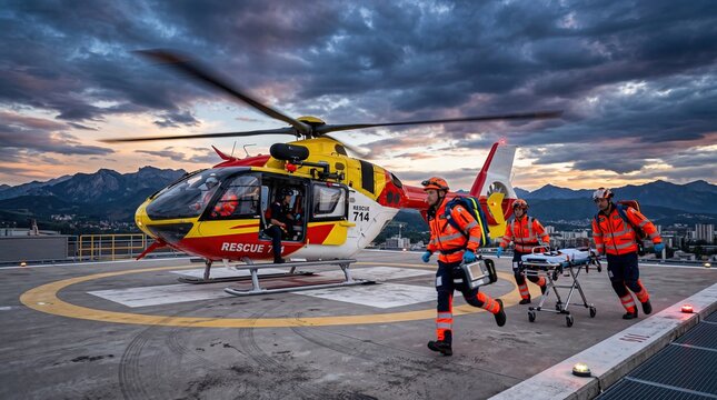 Air rescue helicopter with paramedics running on helipad emergency