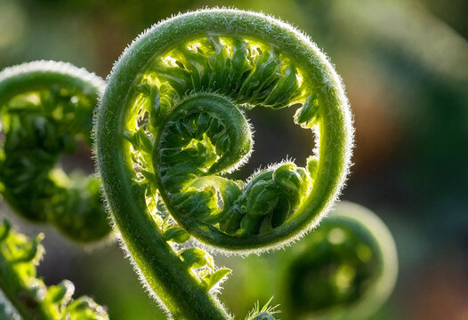 Macro close-up of a vibrant green fern fiddlehead unfurling in the sunlight, showcasing intricate spiral patterns and fine fuzzy textures
