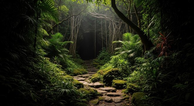 Stone Path Through a Lush Tropical Jungle Towards a Mysterious Entrance