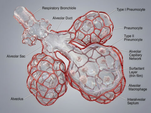 Anatomy of lung alveoli and respiratory bronchioles educational diagram with respiratory