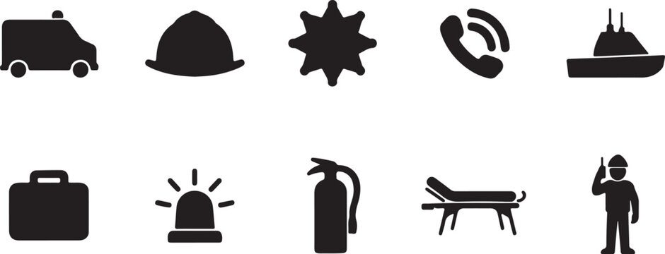 Grid of black silhouette icons representing emergency services healthcare and public safety personnel
