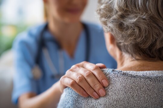 nurse kindly with stethoscope around neck, hand resting gently on shoulder of elderly woman. Share warm, comforting moment together, conveying support, care in home environment